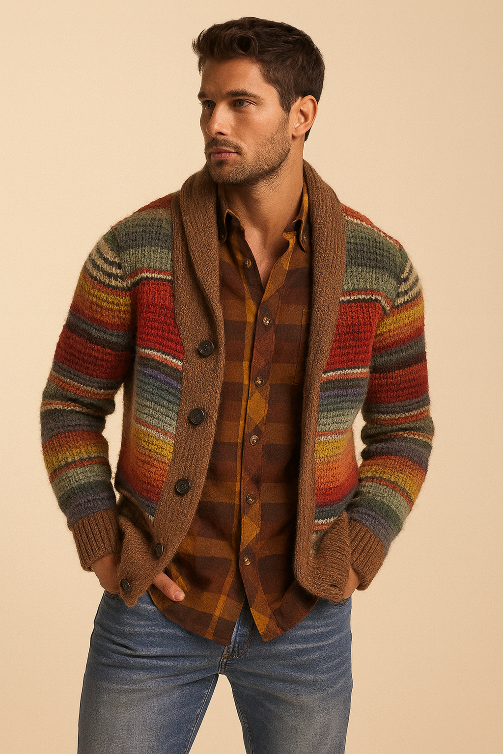 Men's Comfortable Cotton Cardigan Multicolored Stripes