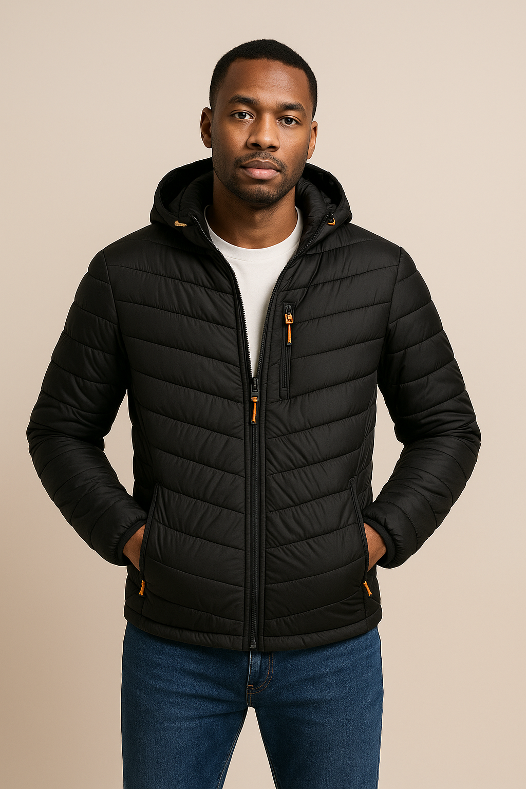 Men’s Hooded Quilted Jacket – Chevron Puffer, Cotton-Padded, Regular Fit