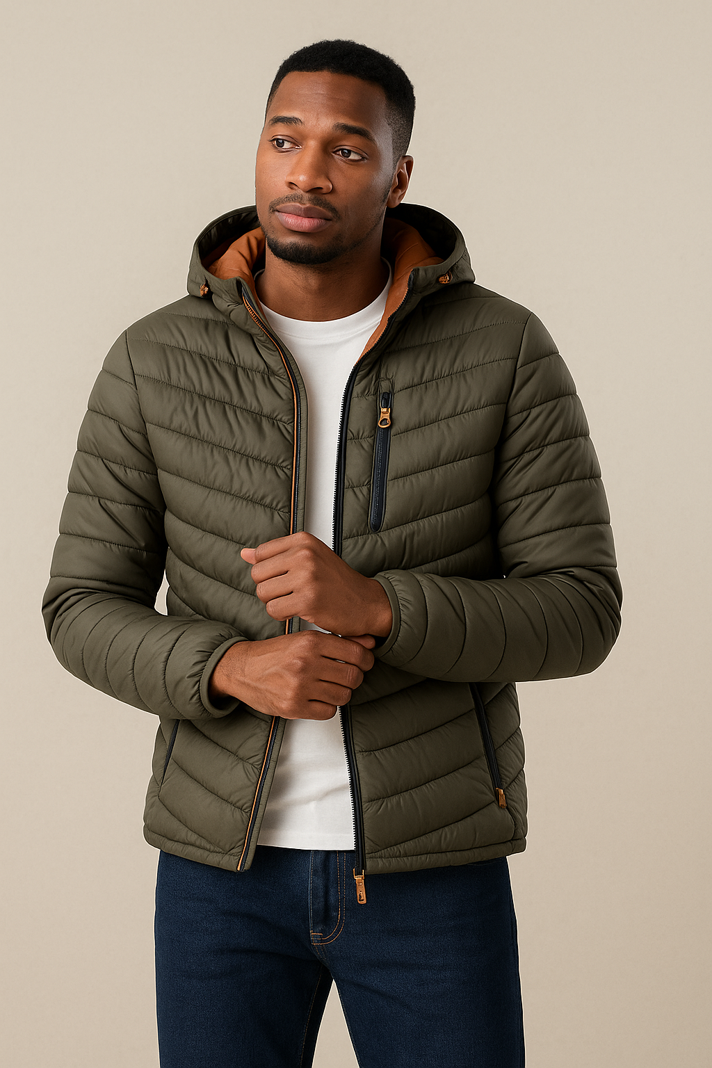 Men’s Hooded Quilted Jacket – Chevron Puffer, Cotton-Padded, Regular Fit