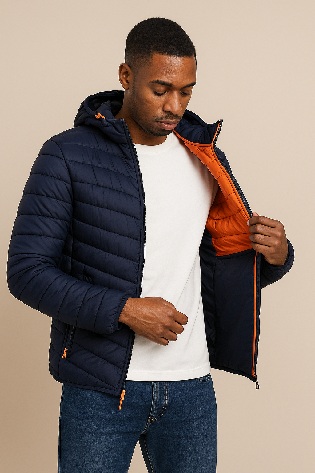 Men’s Hooded Quilted Jacket – Chevron Puffer, Cotton-Padded, Regular Fit