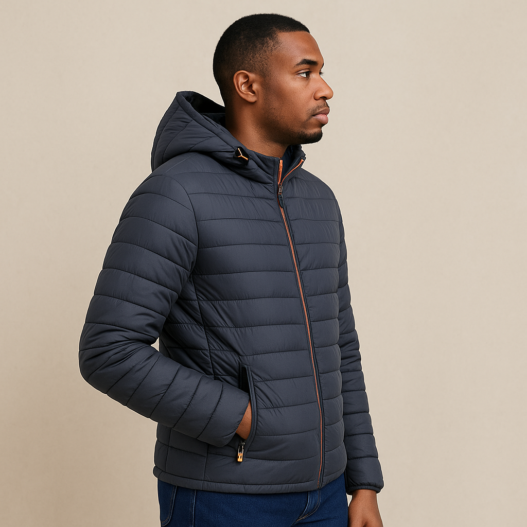 Men’s Hooded Quilted Jacket – Chevron Puffer, Cotton-Padded, Regular Fit