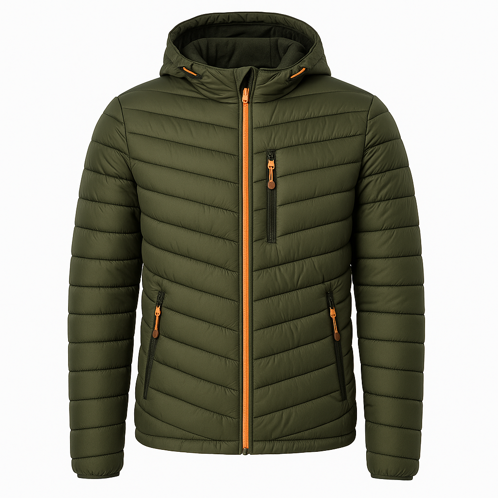 Men’s Hooded Quilted Jacket – Chevron Puffer, Cotton-Padded, Regular Fit