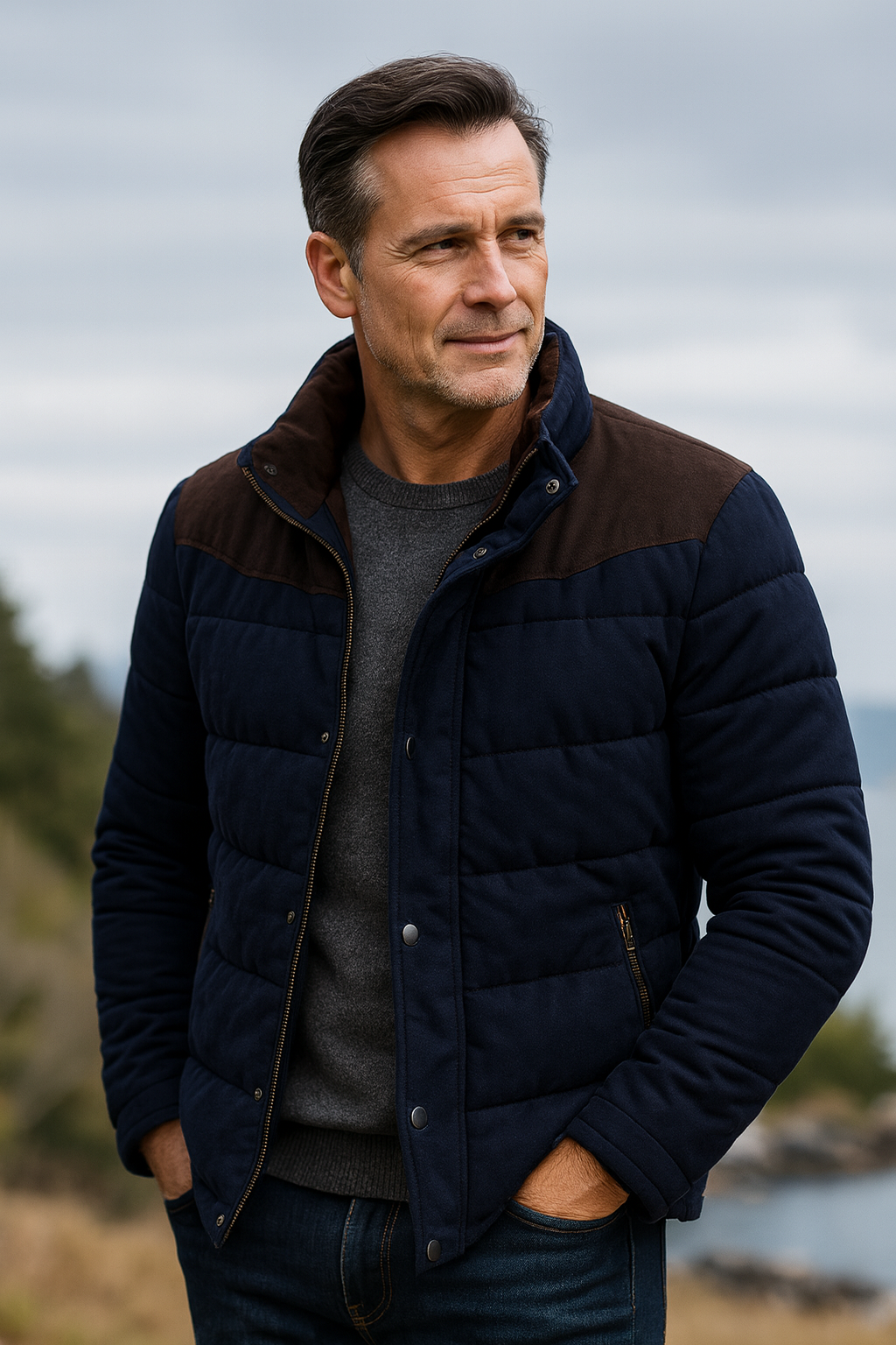 Men’s Quilted Winter Jacket with Suede Shoulder Detail