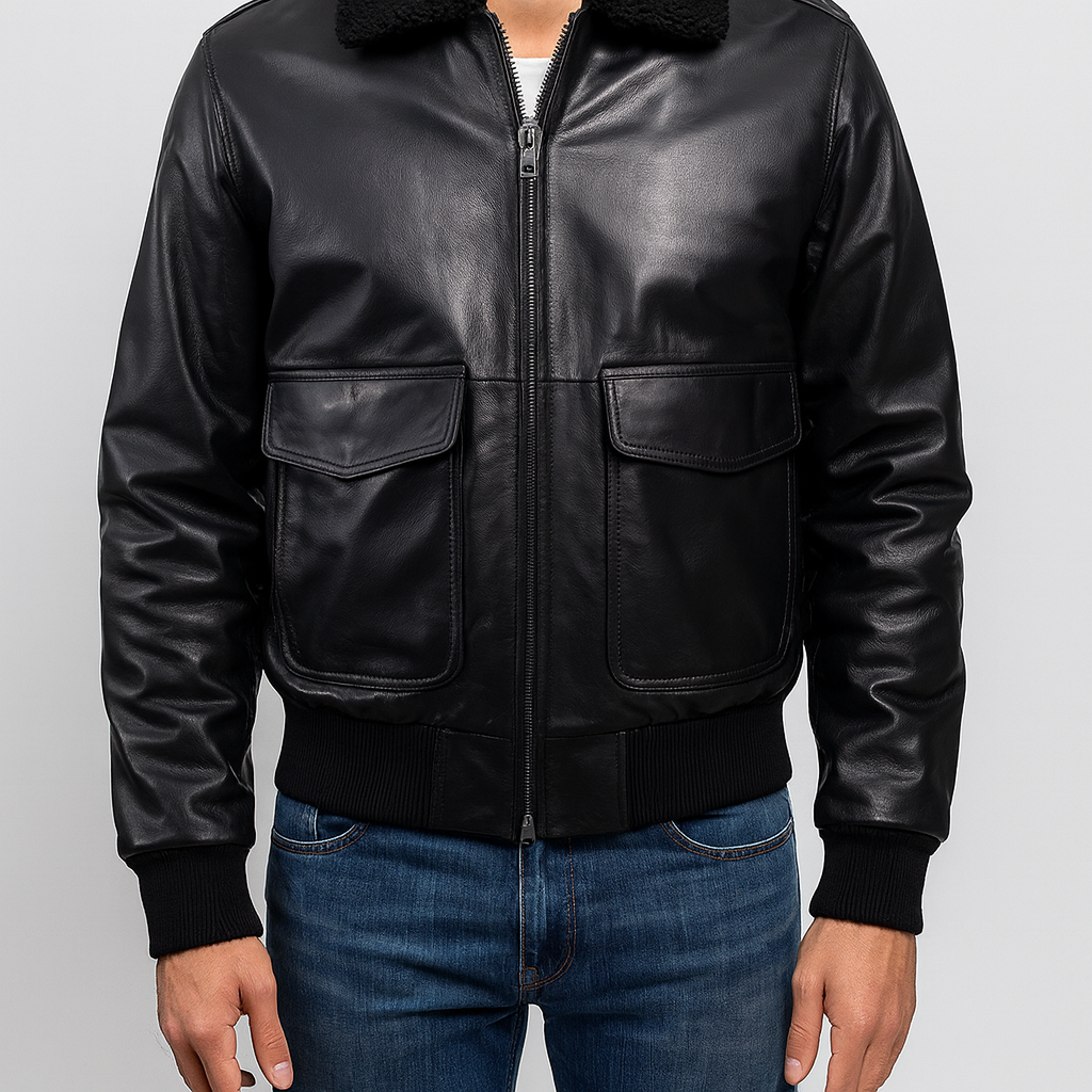 Men’s Faux Leather Bomber Jacket – Ribbed Trim, Zip-Up & Casual Fit