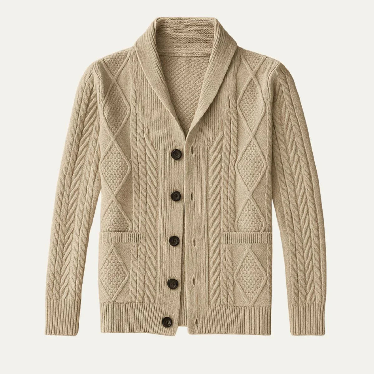 Men’s 100% Cashmere Shawl-Collar Cardigan – Cable Knit, Button Front, Relaxed Fit