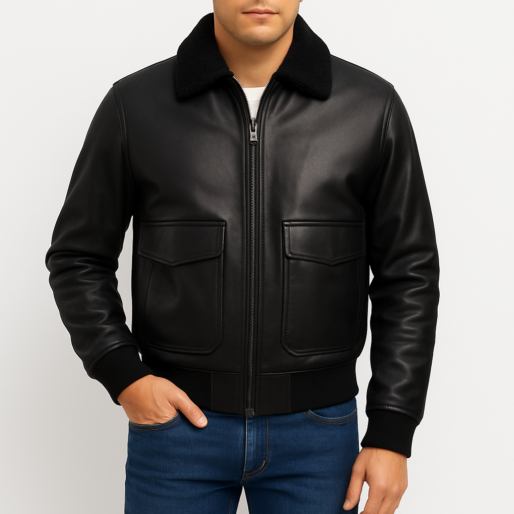 Men’s Faux Leather Bomber Jacket – Ribbed Trim, Zip-Up & Casual Fit