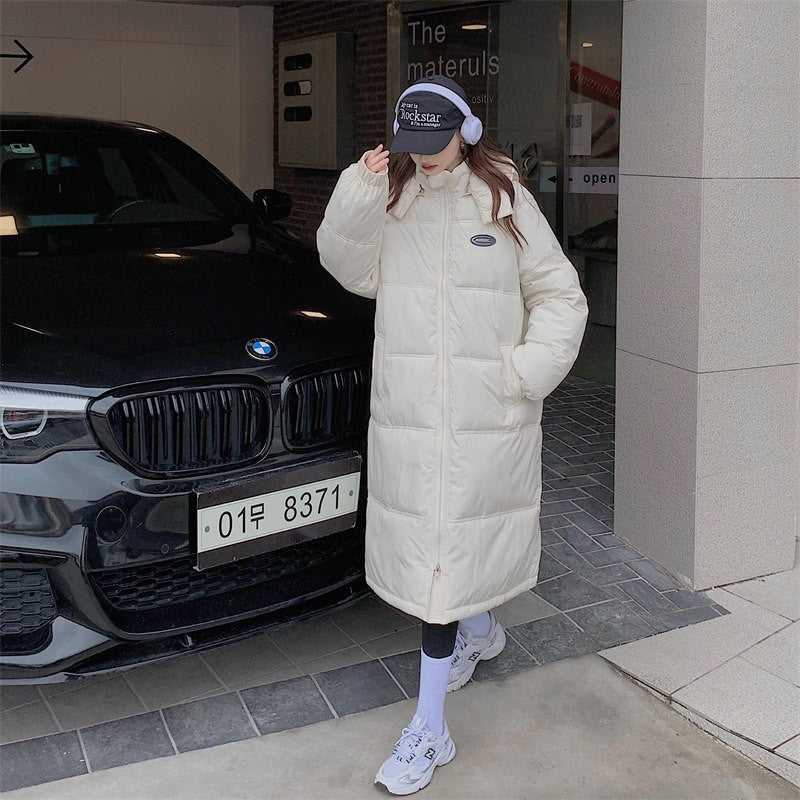 Black Down Cotton Jacket School Student Trend Harajuku Mid-length Knee-length Cotton Jacket Women's Winter Thickening