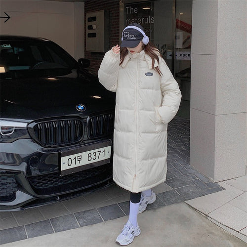 Black Down Cotton Jacket School Student Trend Harajuku Mid-length Knee-length Cotton Jacket Women's Winter Thickening