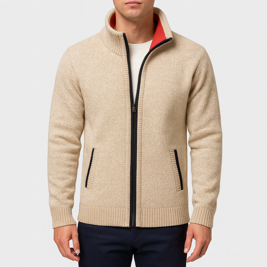 Men’s Zip Cardigan – Knit Fabric, High Collar, Ribbed Cuffs