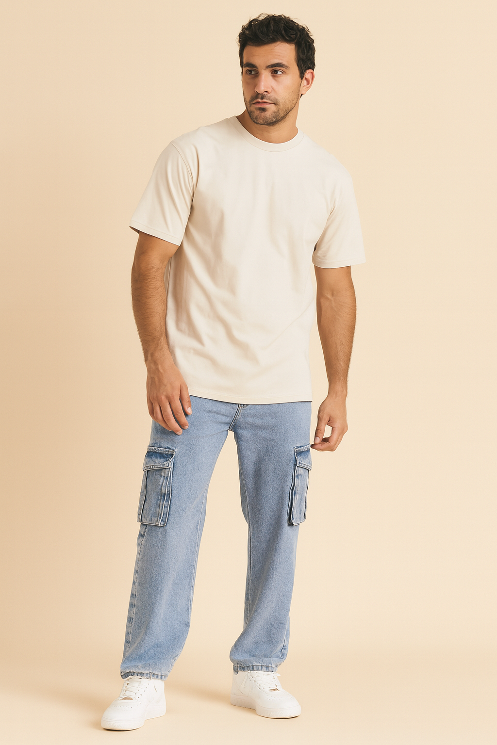 Men’s Loose-Fit Cargo Jeans – Light Blue Denim Workwear with Multiple Pockets