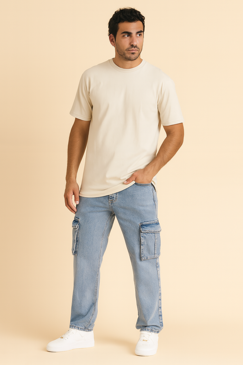 Men’s Loose-Fit Cargo Jeans – Light Blue Denim Workwear with Multiple Pockets