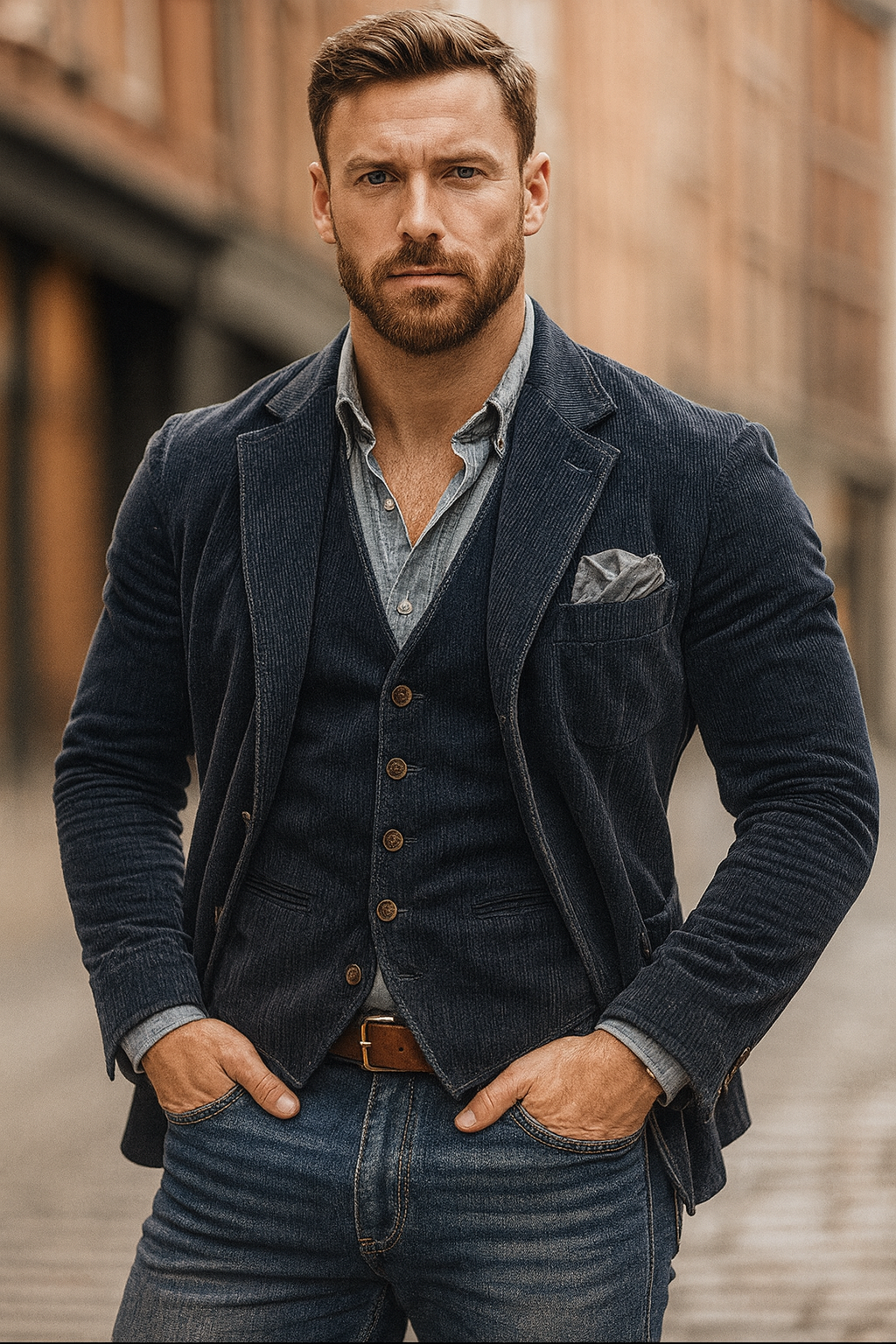 Men’s Corduroy Blazer & Waistcoat Set – Two-Piece – Smart Casual