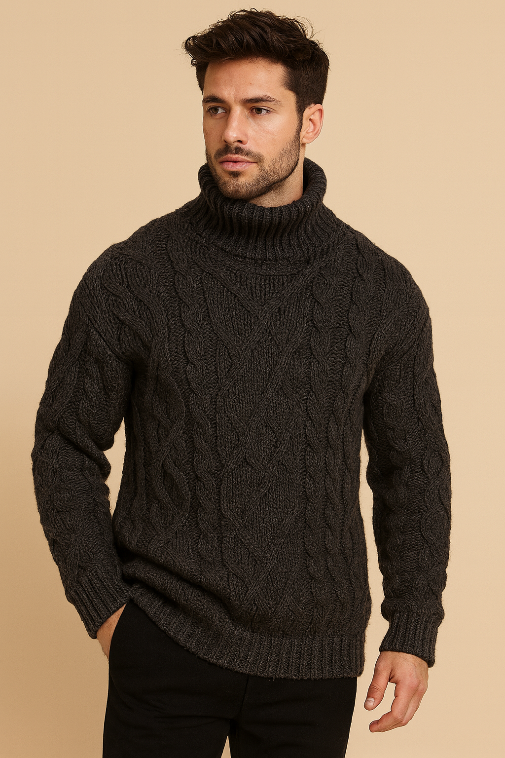 Men’s Wool-Blend Cable Knit Turtleneck – Relaxed Fit Roll Neck Jumper