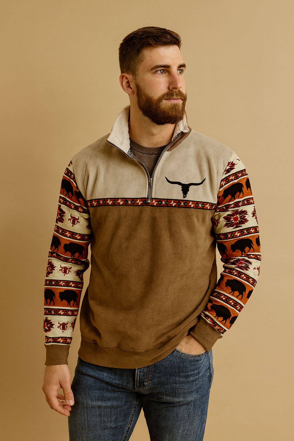 Western Fleece Pullover | Native Buffalo Print Quarter-Zip
