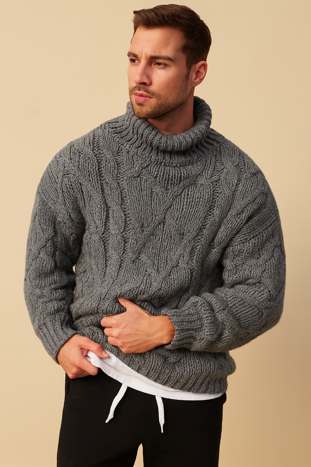 Men’s Wool-Blend Cable Knit Turtleneck – Relaxed Fit Roll Neck Jumper