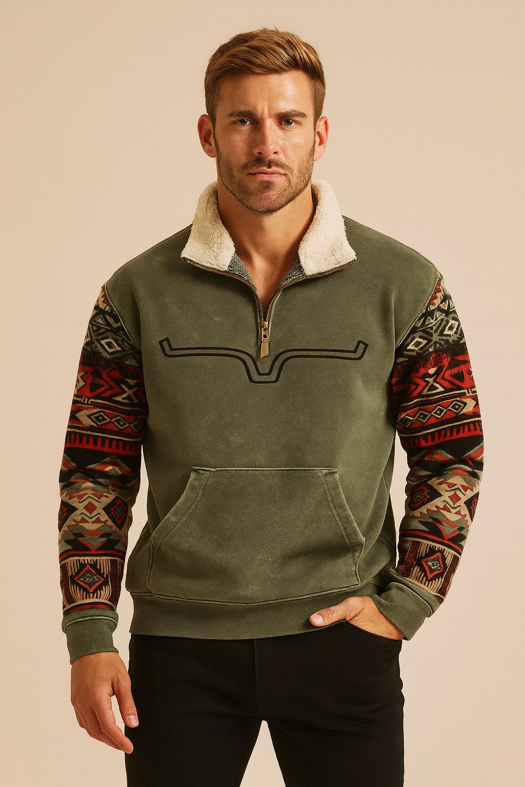 Western Fleece Pullover | Native Buffalo Print Quarter-Zip
