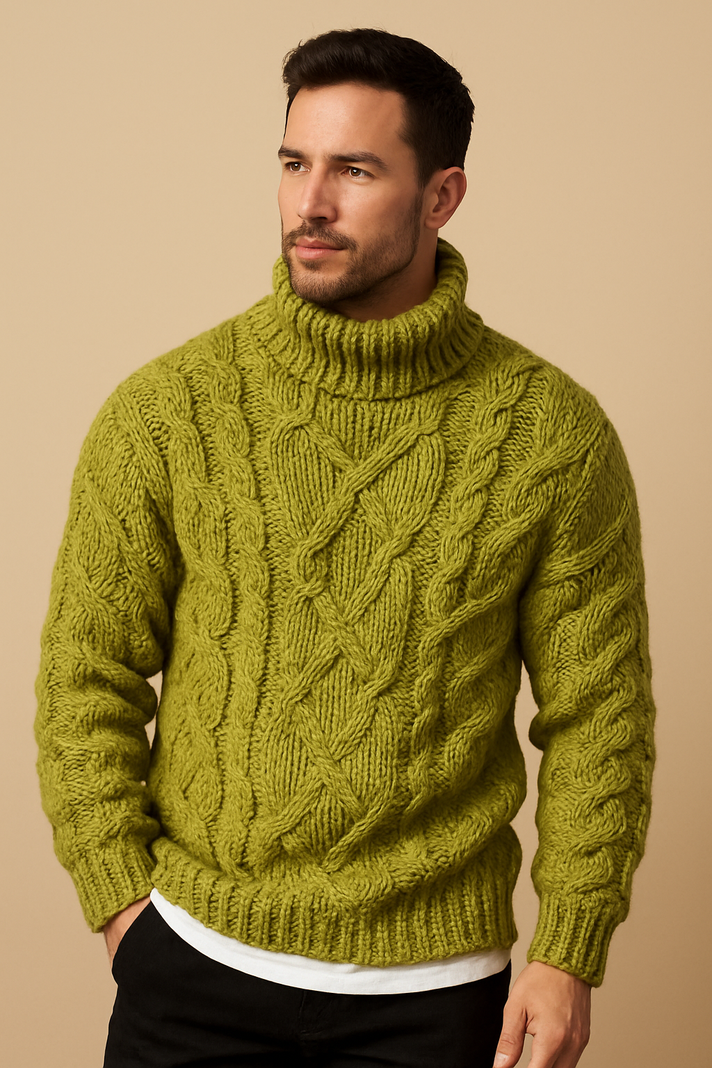 Men’s Wool-Blend Cable Knit Turtleneck – Relaxed Fit Roll Neck Jumper