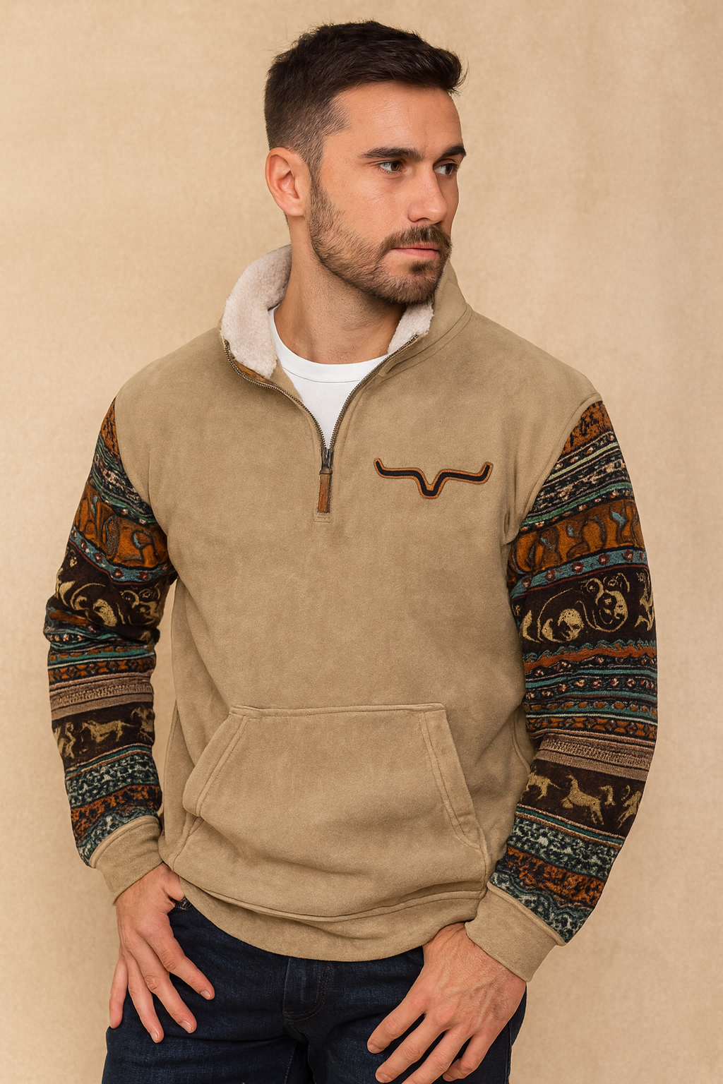 Western Fleece Pullover | Native Buffalo Print Quarter-Zip