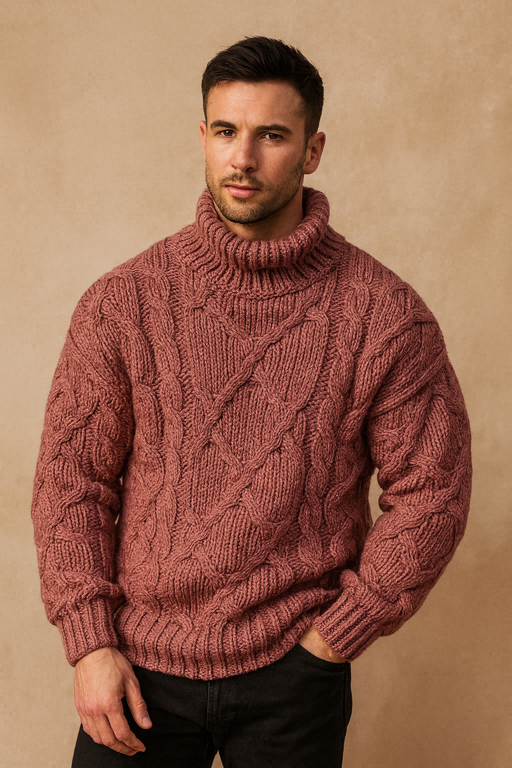 Men’s Wool-Blend Cable Knit Turtleneck – Relaxed Fit Roll Neck Jumper
