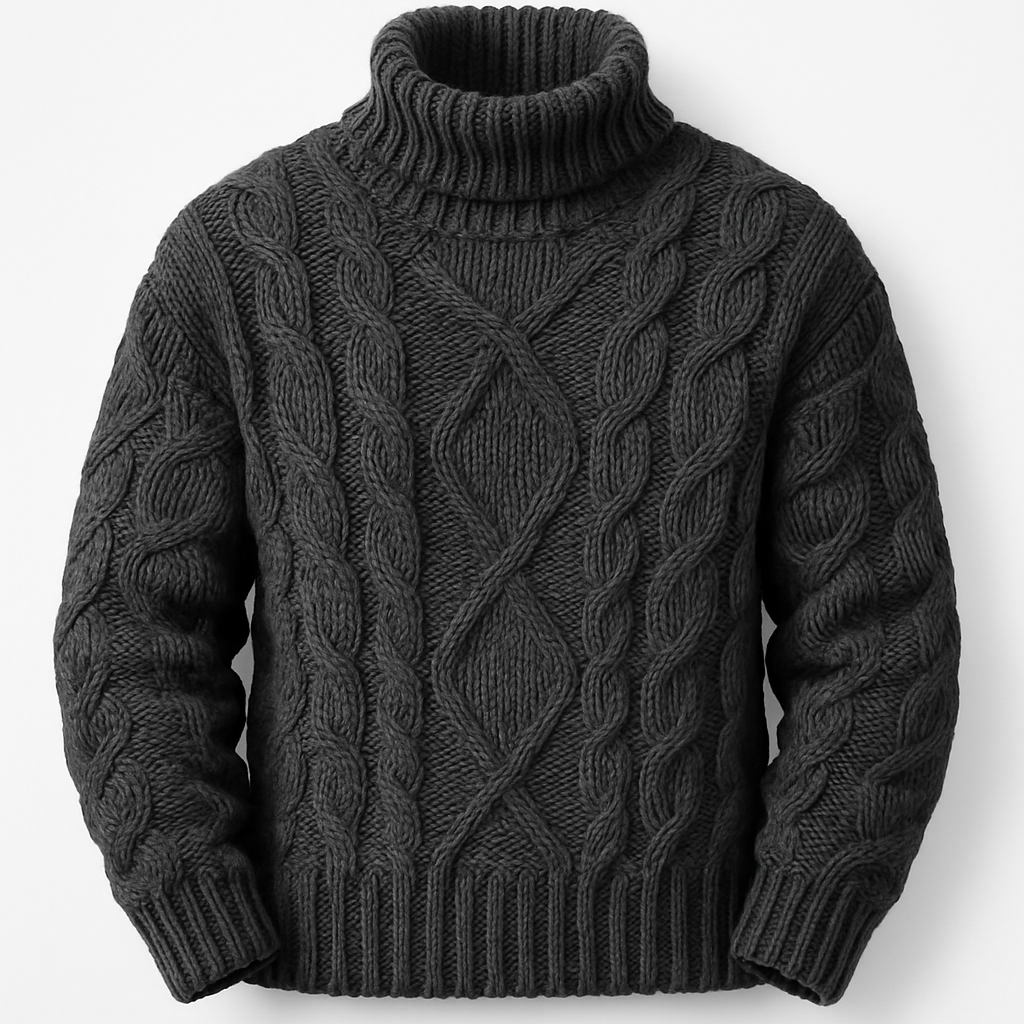 Men’s Wool-Blend Cable Knit Turtleneck – Relaxed Fit Roll Neck Jumper