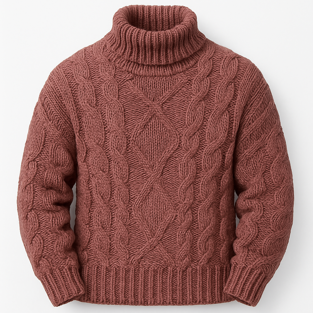 Men’s Wool-Blend Cable Knit Turtleneck – Relaxed Fit Roll Neck Jumper