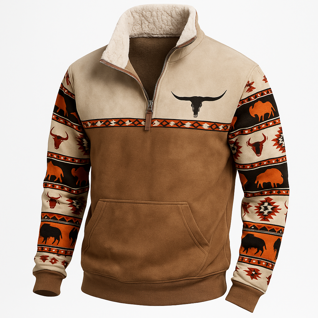Western Fleece Pullover | Native Buffalo Print Quarter-Zip