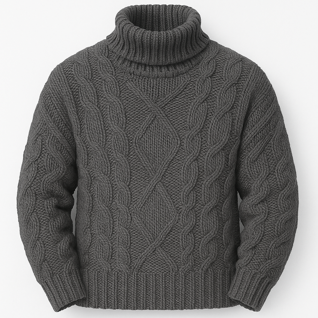 Men’s Wool-Blend Cable Knit Turtleneck – Relaxed Fit Roll Neck Jumper
