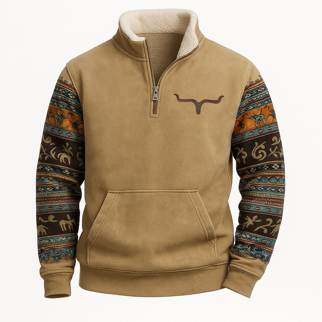 Western Fleece Pullover | Native Buffalo Print Quarter-Zip