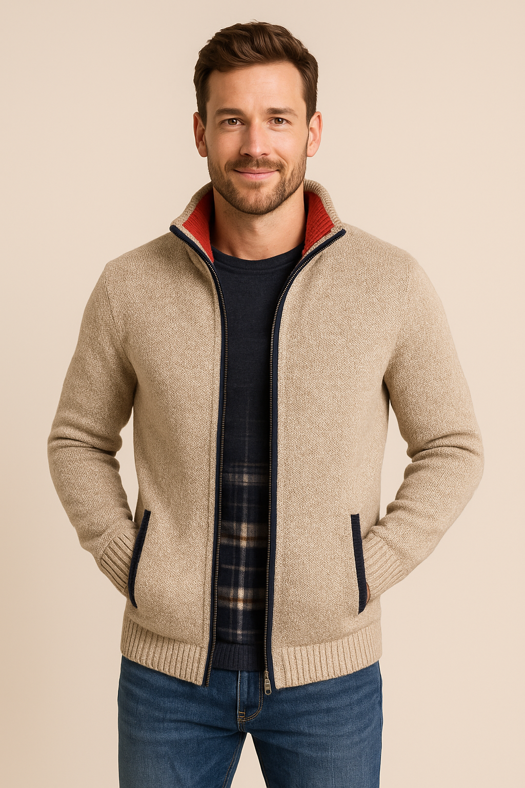 Men’s Knitted Fleece Zip Jacket – Soft Full-Zip Cardigan, Cosy Lined