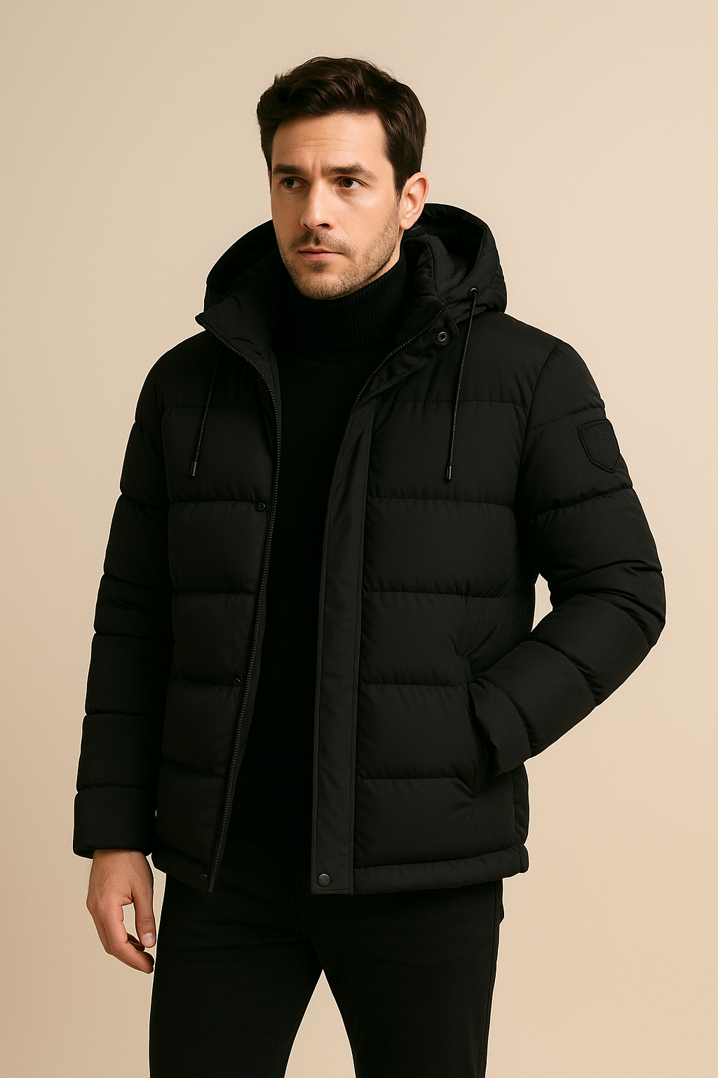 Men’s Insulated Padded Coat – Hooded Puffer, Mid-Thigh Length