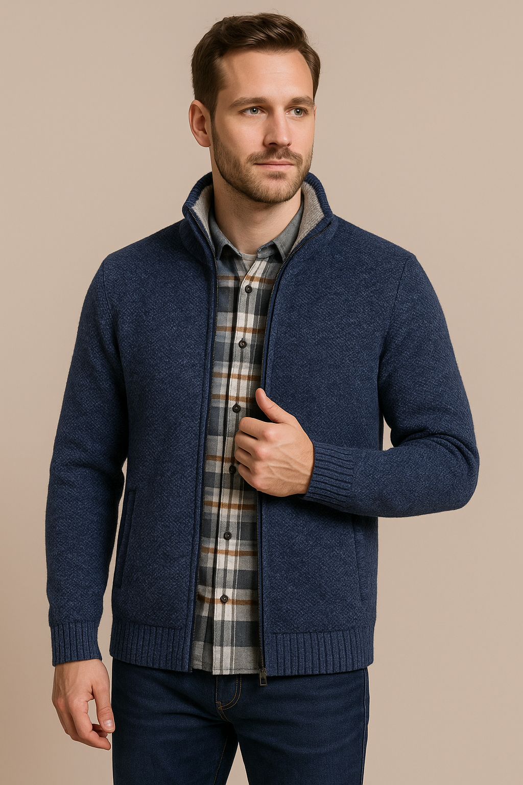 Men’s Knitted Fleece Zip Jacket – Soft Full-Zip Cardigan, Cosy Lined