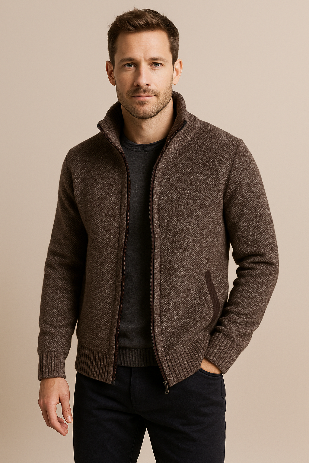 Men’s Knitted Fleece Zip Jacket – Soft Full-Zip Cardigan, Cosy Lined