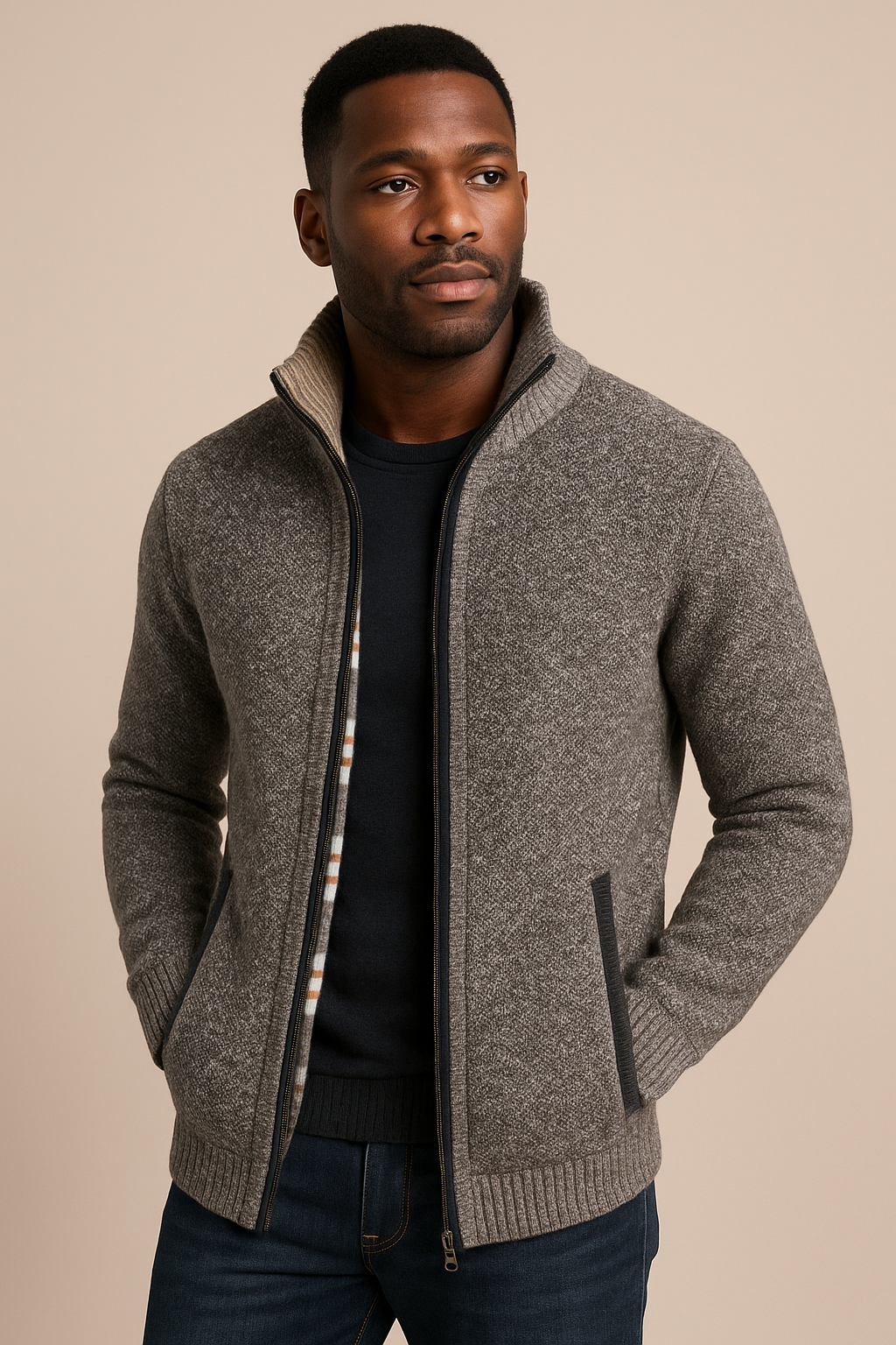 Men’s Knitted Fleece Zip Jacket – Soft Full-Zip Cardigan, Cosy Lined