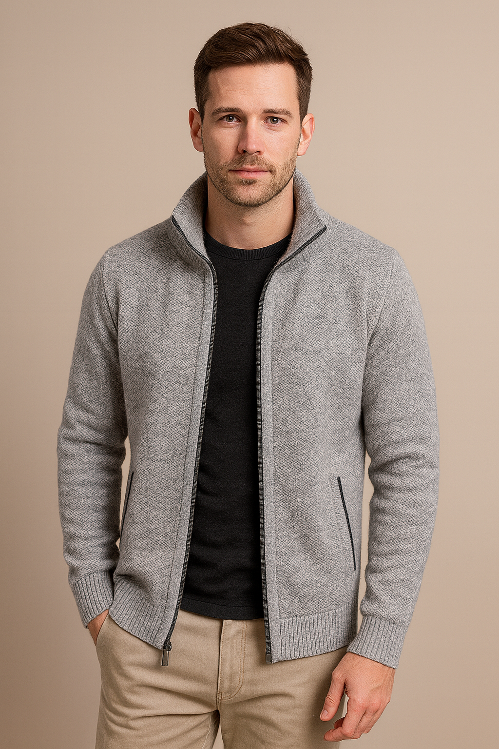 Men’s Knitted Fleece Zip Jacket – Soft Full-Zip Cardigan, Cosy Lined