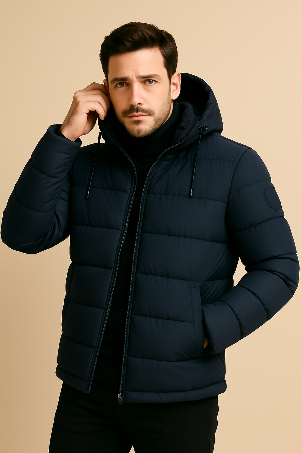 Men’s Insulated Padded Coat – Hooded Puffer, Mid-Thigh Length