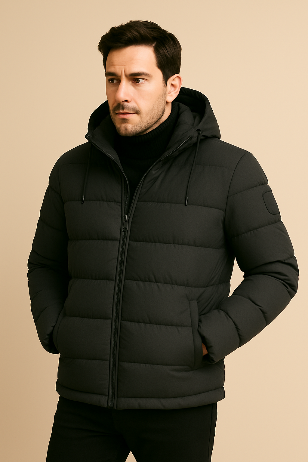 Men’s Insulated Padded Coat – Hooded Puffer, Mid-Thigh Length