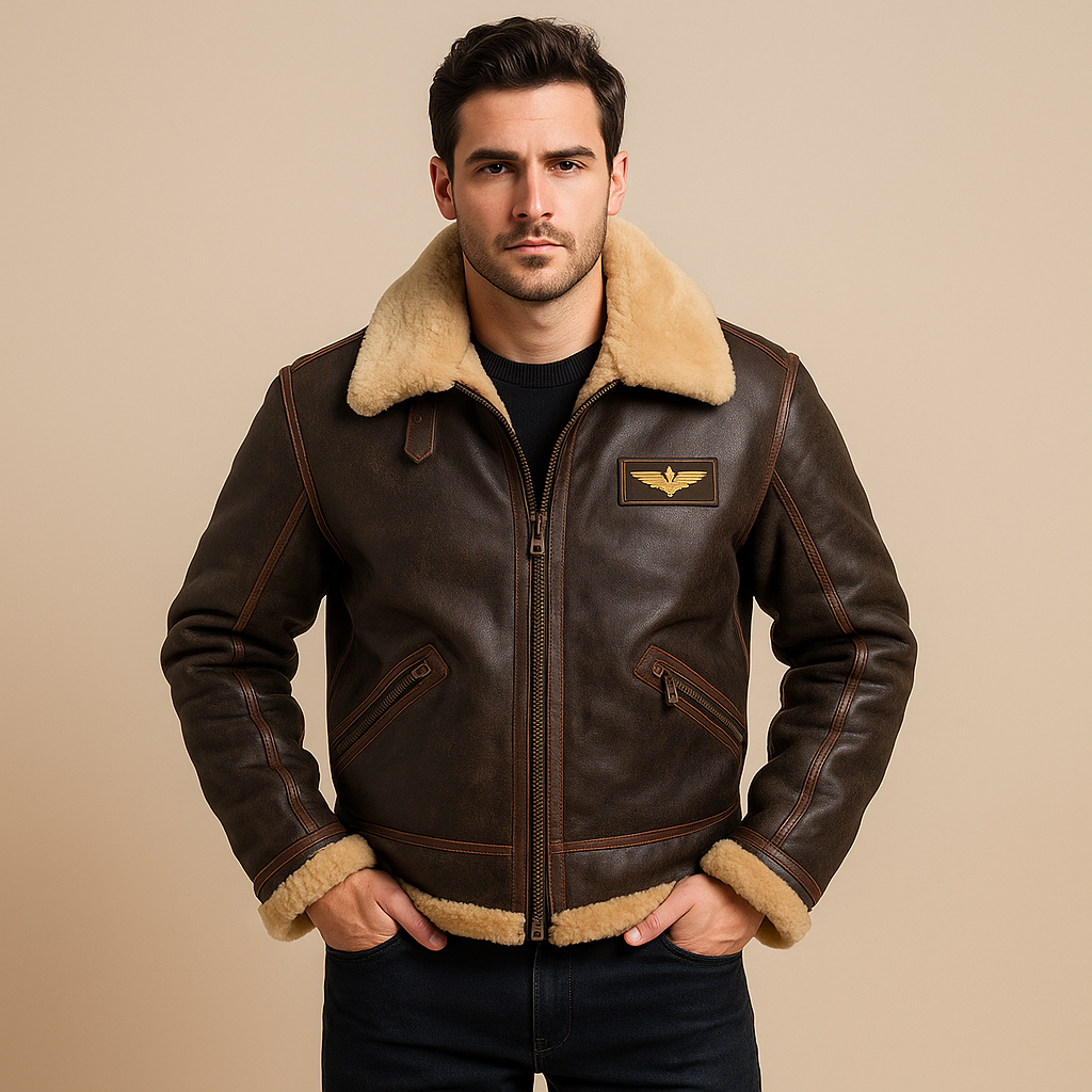 Men’s Vegan Leather Shearling Pilot Jacket – Faux-Fur Lined Aviator