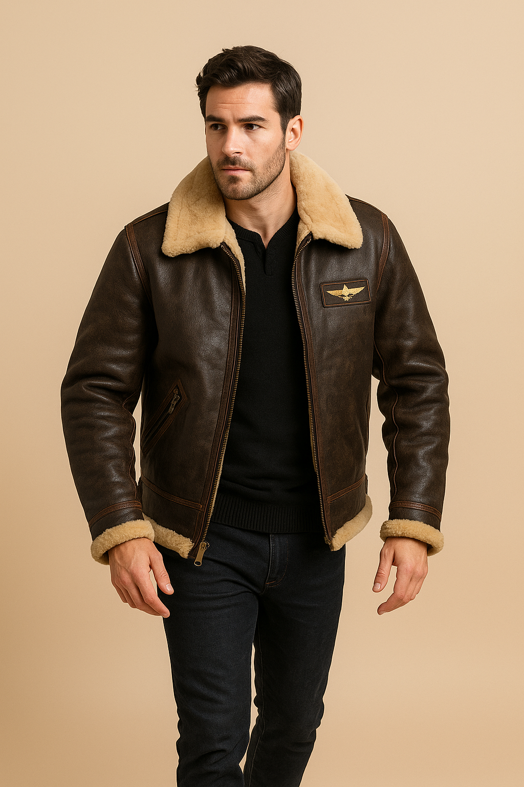 Men’s Vegan Leather Shearling Pilot Jacket – Faux-Fur Lined Aviator