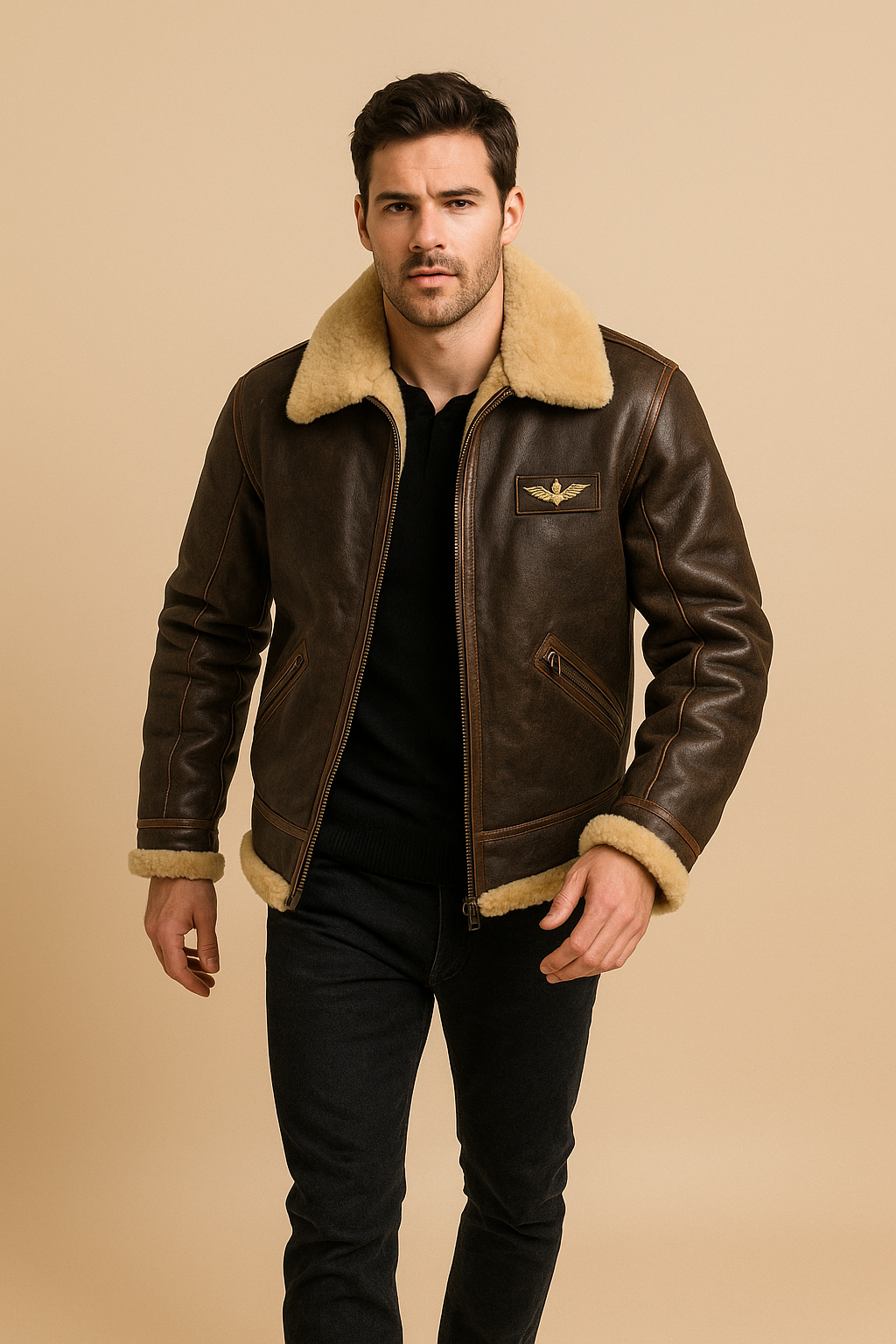 Men’s Vegan Leather Shearling Pilot Jacket – Faux-Fur Lined Aviator