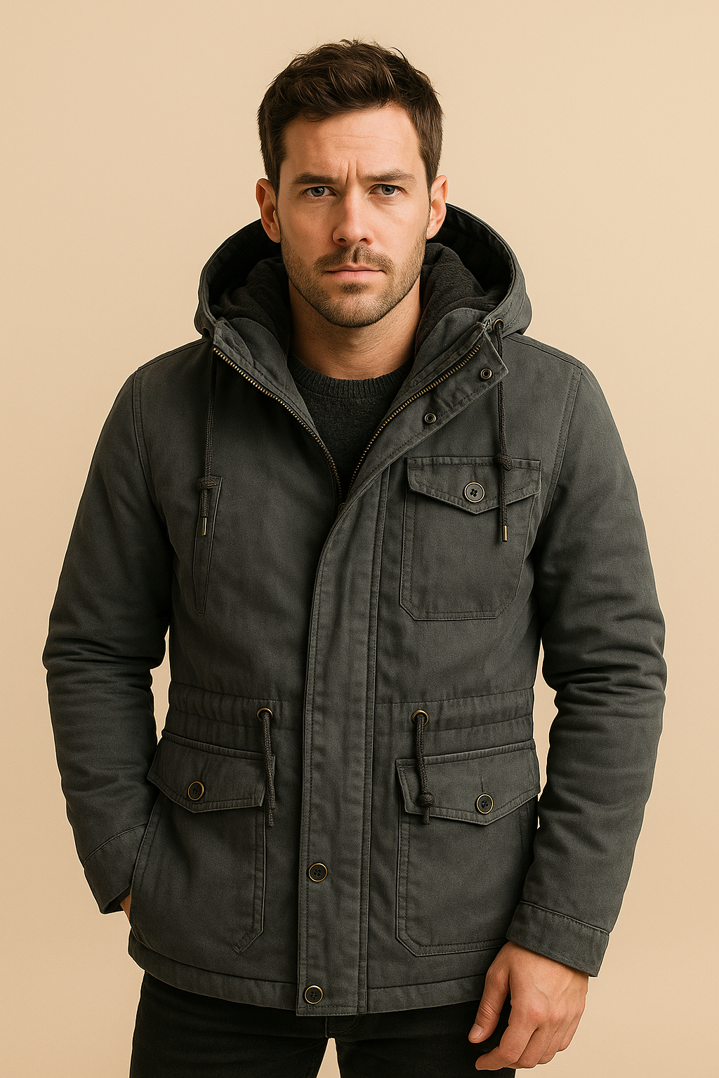 Men’s Hooded Utility Parka – Fleece-Lined Winter Jacket, Multi-Pocket, Regular Fit