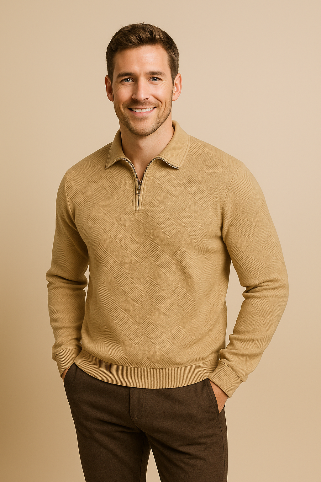 Men’s Merino Wool Quarter Zip Sweater – Geometric Pattern – Warm & Breathable Knit