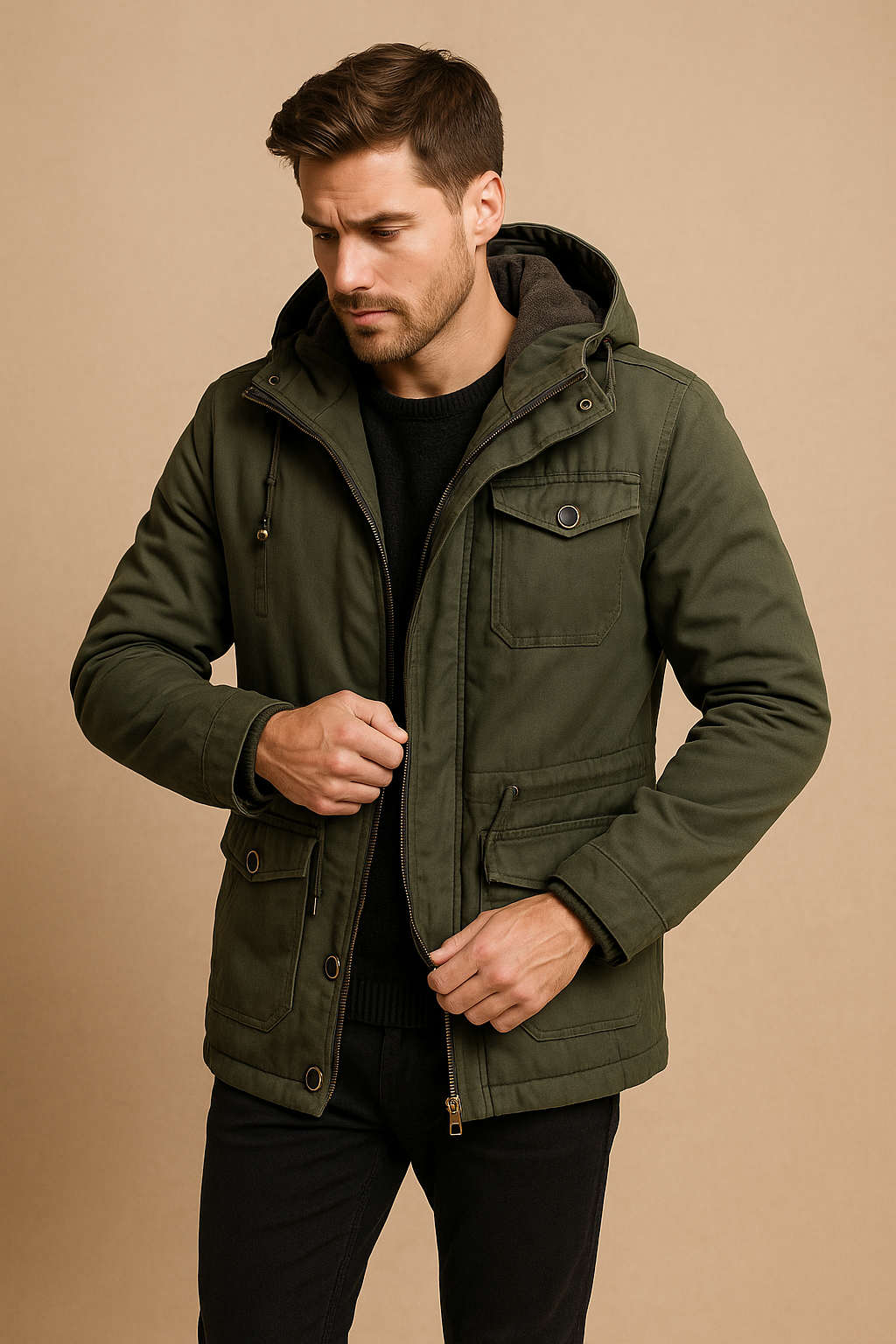 Men’s Hooded Utility Parka – Fleece-Lined Winter Jacket, Multi-Pocket, Regular Fit