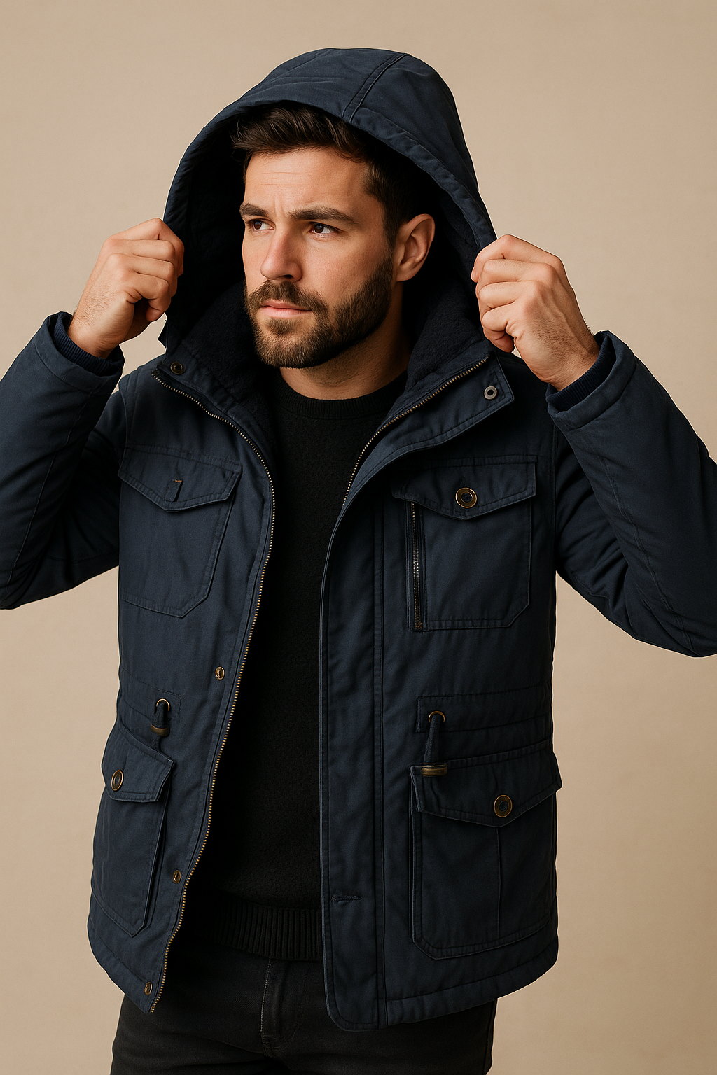 Men’s Hooded Utility Parka – Fleece-Lined Winter Jacket, Multi-Pocket, Regular Fit