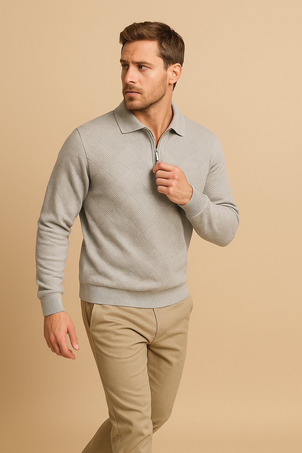 Men’s Merino Wool Quarter Zip Sweater – Geometric Pattern – Warm & Breathable Knit