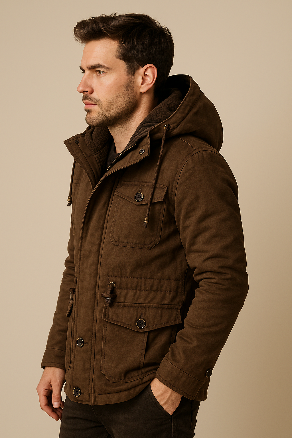 Men’s Hooded Utility Parka – Fleece-Lined Winter Jacket, Multi-Pocket, Regular Fit