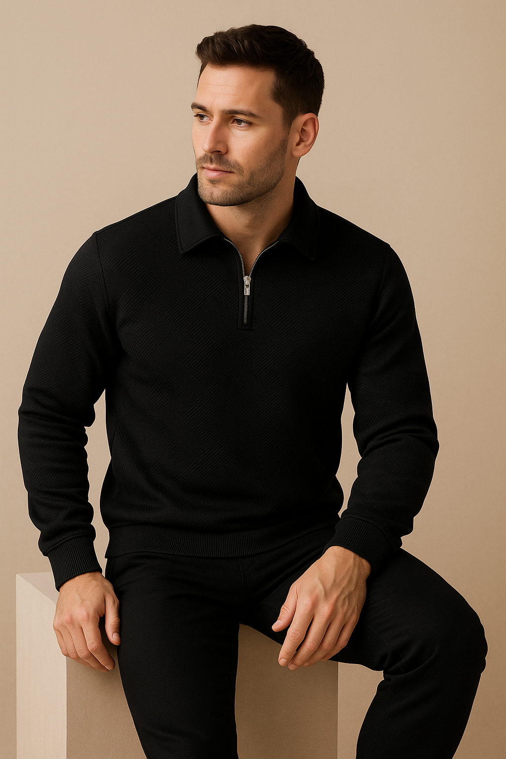 Men’s Merino Wool Quarter Zip Sweater – Geometric Pattern – Warm & Breathable Knit