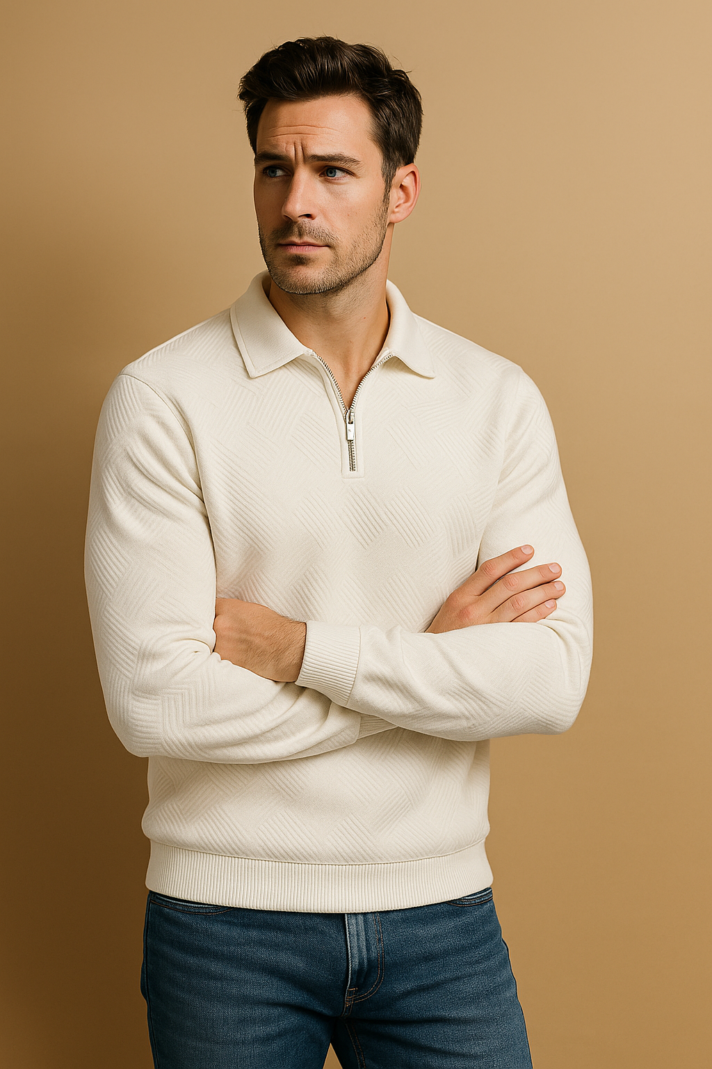 Men’s Merino Wool Quarter Zip Sweater – Geometric Pattern – Warm & Breathable Knit