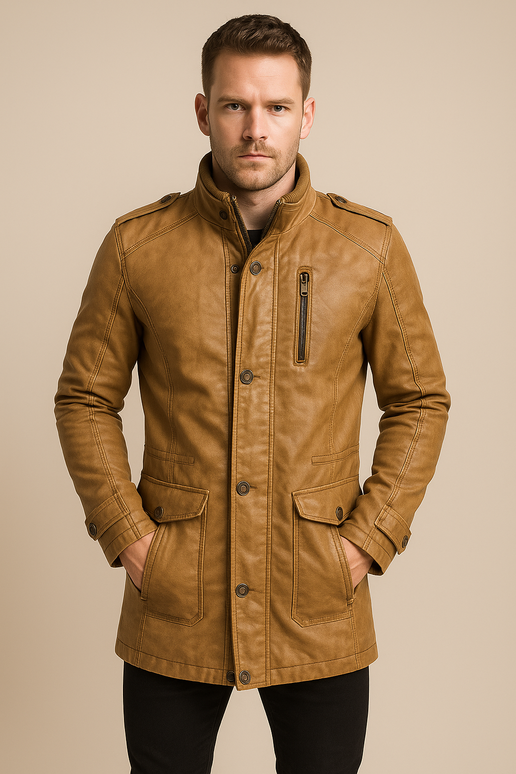 Men’s Zippered Jacket with Belt – Elegant Slim Fit – All-Season Smart Outerwear