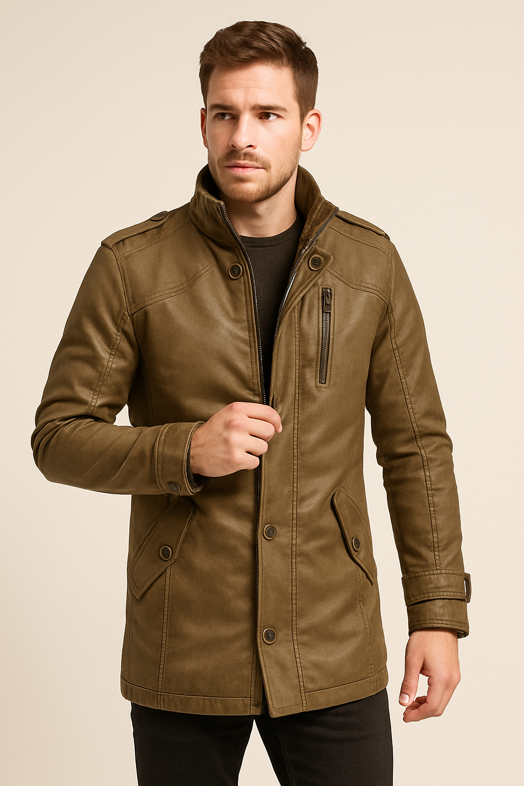 Men’s Zippered Jacket with Belt – Elegant Slim Fit – All-Season Smart Outerwear