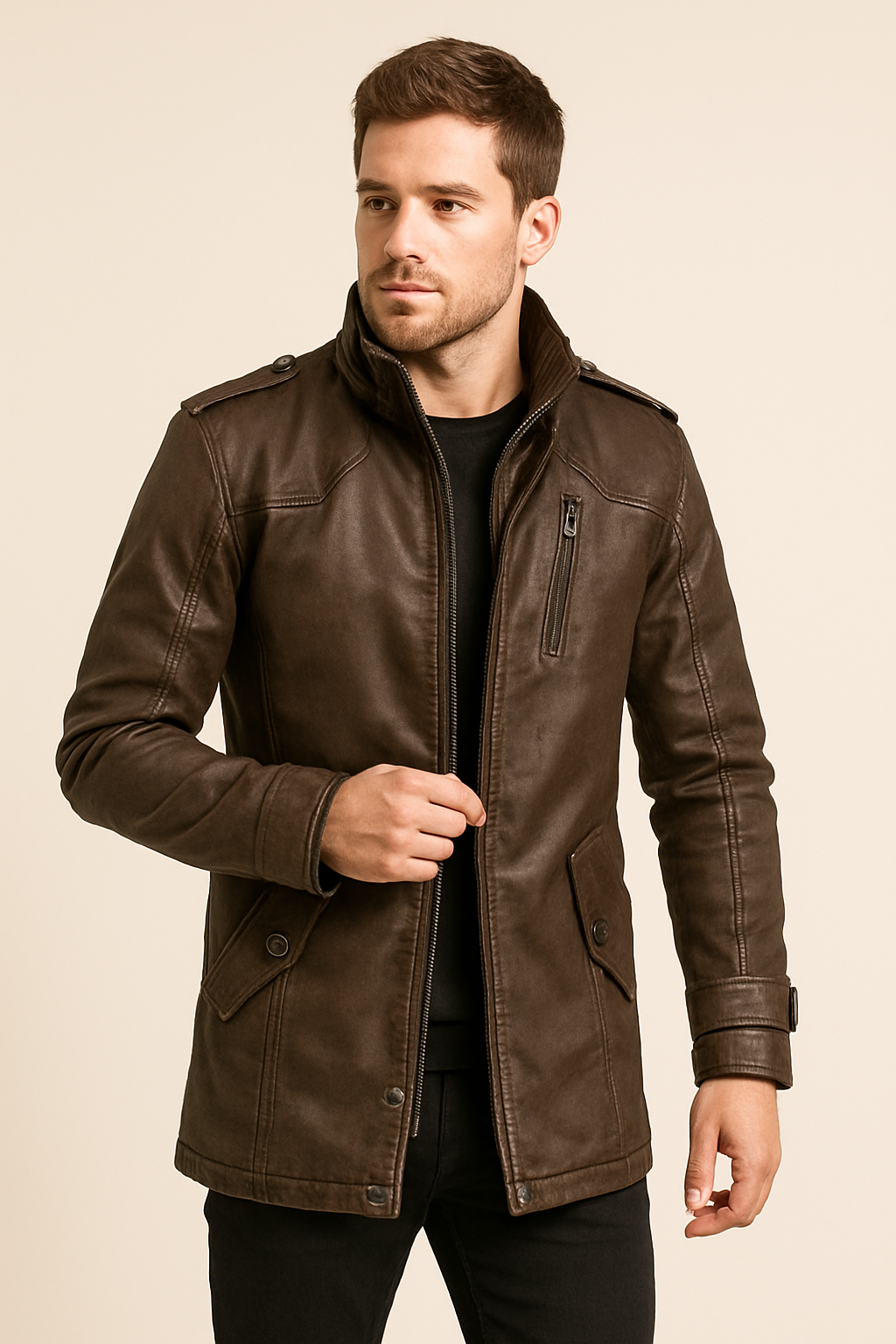 Men’s Zippered Jacket with Belt – Elegant Slim Fit – All-Season Smart Outerwear